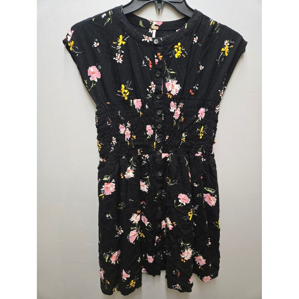 FREE PEOPLE Black Colorful Floral Print Button Down Mini Dress Size Small